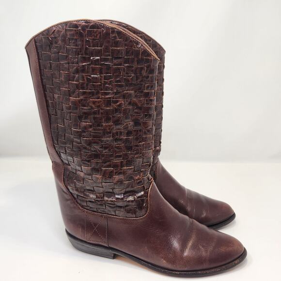Enzo Angiolini Brown Woven Leather Western Boots Size 7.5 M Vintage Rancher Boho - Picture 1 of 12